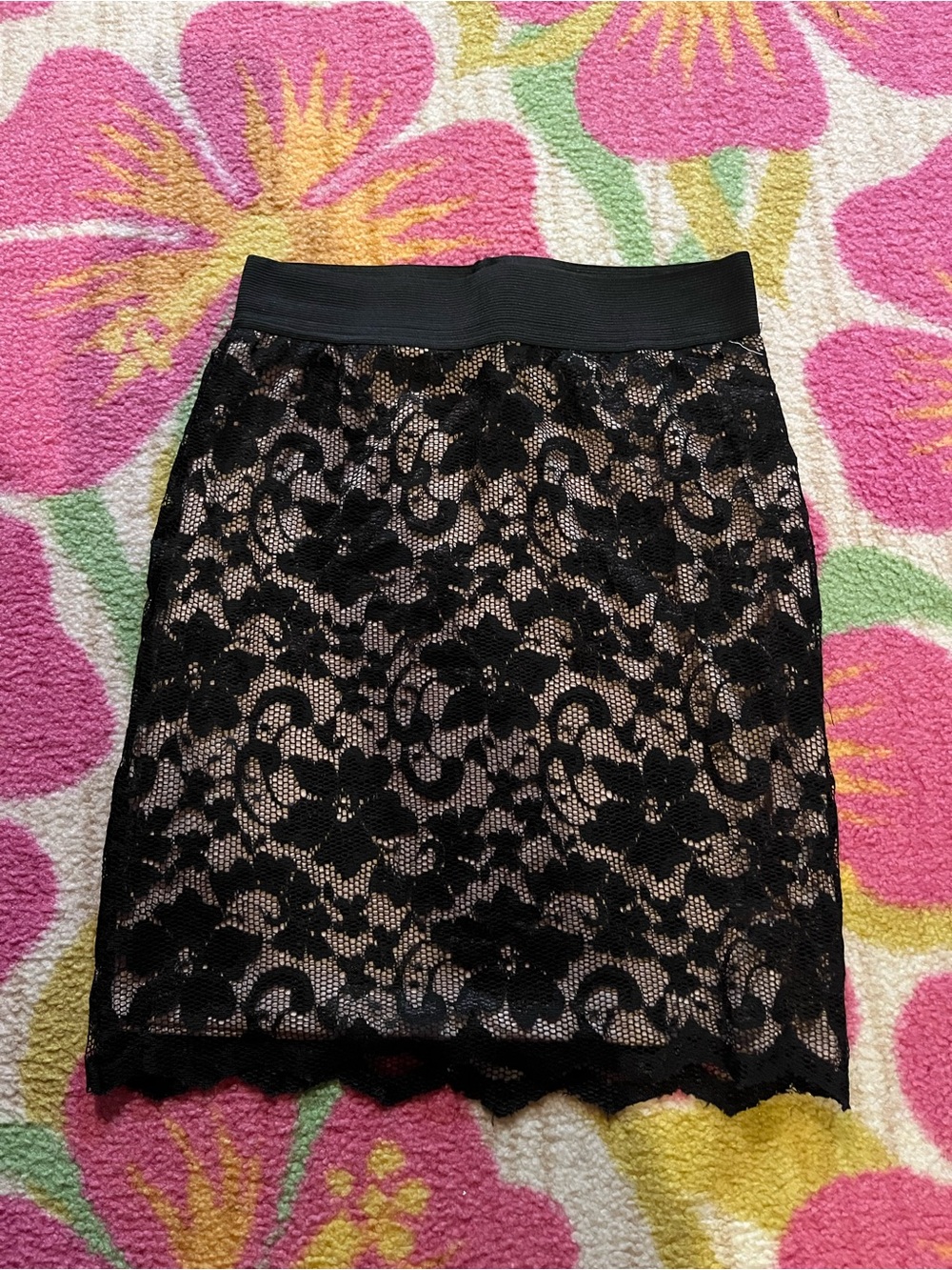 Smart Set Black Lace Overlay Pencil Skirt with Nude Underlayer